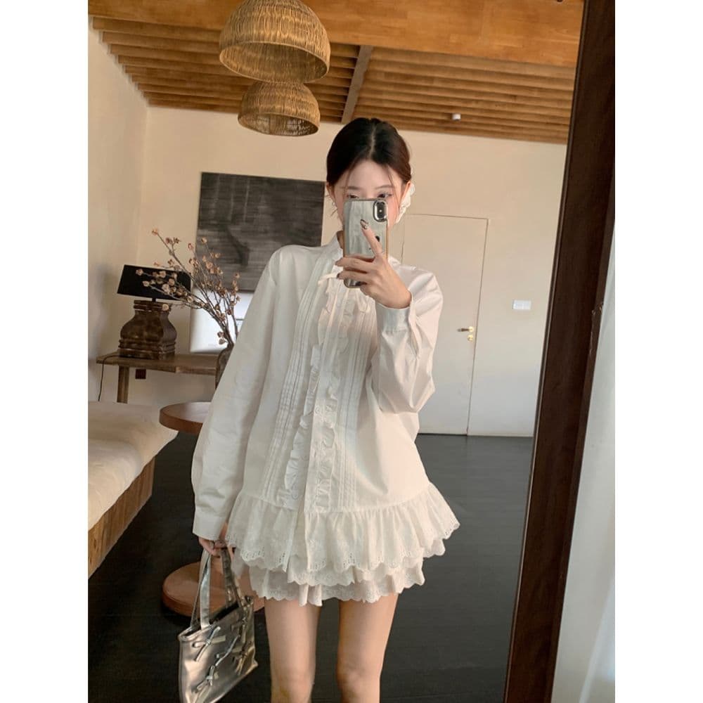 레이스 레이스 패치워크 스탠드 칼라 긴팔 여성 셔츠 2026 가을 새로운 달콤함 프랑스식 연령 감소 스트랩 맨위 트렌디 이미지 5