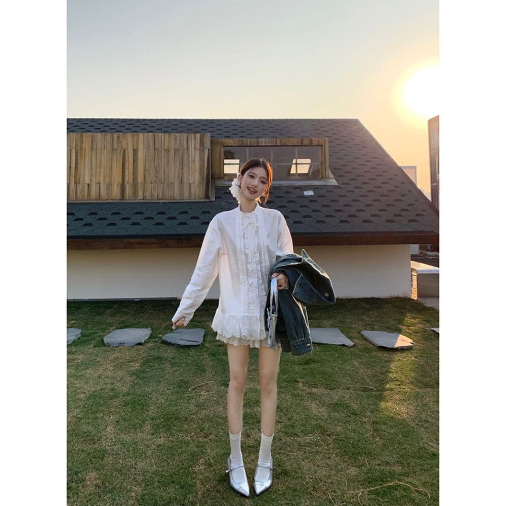레이스 레이스 패치워크 스탠드 칼라 긴팔 여성 셔츠 2026 가을 새로운 달콤함 프랑스식 연령 감소 스트랩 맨위 트렌디 상세 이미지 5