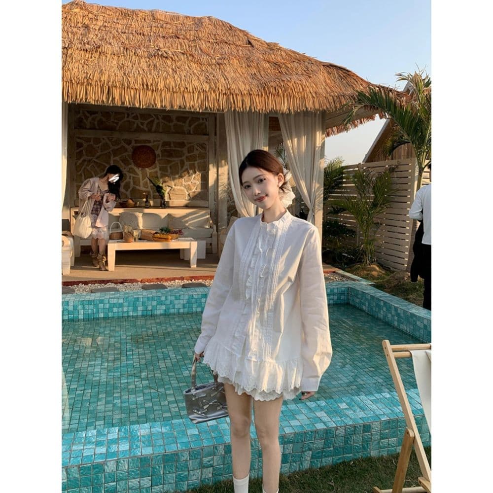 레이스 레이스 패치워크 스탠드 칼라 긴팔 여성 셔츠 2026 가을 새로운 달콤함 프랑스식 연령 감소 스트랩 맨위 트렌디 상세 이미지 14