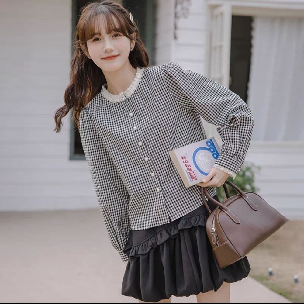 프랑스식 달콤함 레이스 스탠드 칼라 체크무늬 긴팔 셔츠 맨위 여성 가을 새로운 디자인 센스 레트로 셔츠 재킷 이미지 4