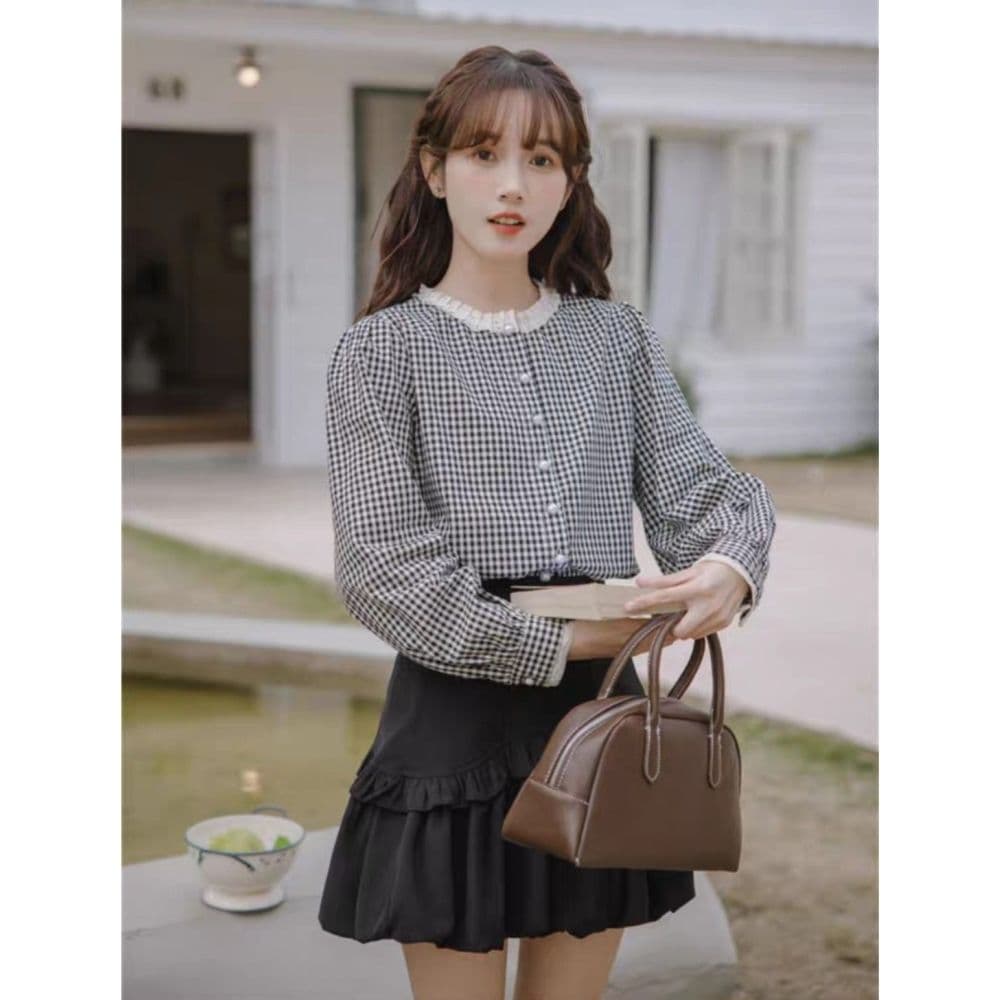 프랑스식 달콤함 레이스 스탠드 칼라 체크무늬 긴팔 셔츠 맨위 여성 가을 새로운 디자인 센스 레트로 셔츠 재킷 상세 이미지 2