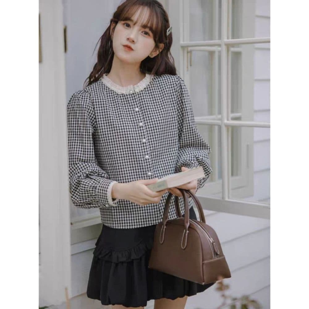 프랑스식 달콤함 레이스 스탠드 칼라 체크무늬 긴팔 셔츠 맨위 여성 가을 새로운 디자인 센스 레트로 셔츠 재킷 상세 이미지 4