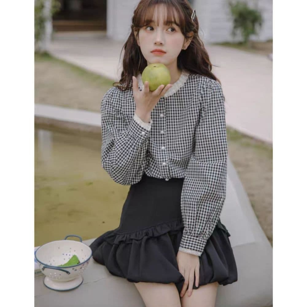 프랑스식 달콤함 레이스 스탠드 칼라 체크무늬 긴팔 셔츠 맨위 여성 가을 새로운 디자인 센스 레트로 셔츠 재킷 상세 이미지 5