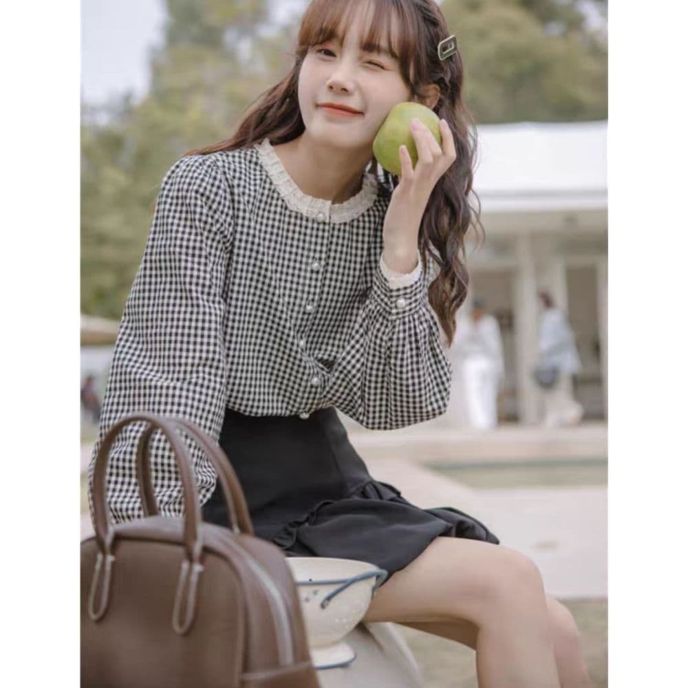 프랑스식 달콤함 레이스 스탠드 칼라 체크무늬 긴팔 셔츠 맨위 여성 가을 새로운 디자인 센스 레트로 셔츠 재킷 상세 이미지 6