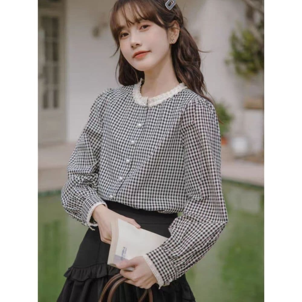 프랑스식 달콤함 레이스 스탠드 칼라 체크무늬 긴팔 셔츠 맨위 여성 가을 새로운 디자인 센스 레트로 셔츠 재킷 상세 이미지 7
