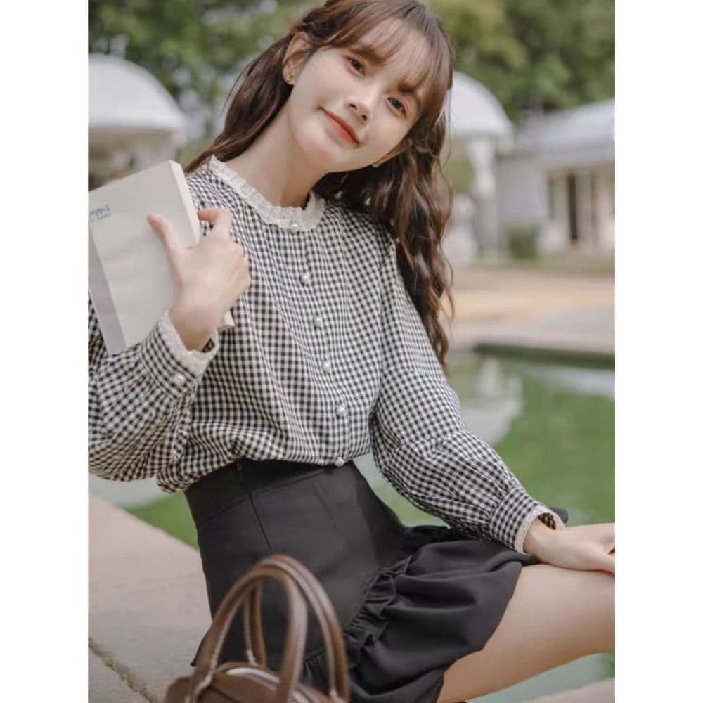 프랑스식 달콤함 레이스 스탠드 칼라 체크무늬 긴팔 셔츠 맨위 여성 가을 새로운 디자인 센스 레트로 셔츠 재킷 상세 이미지 8