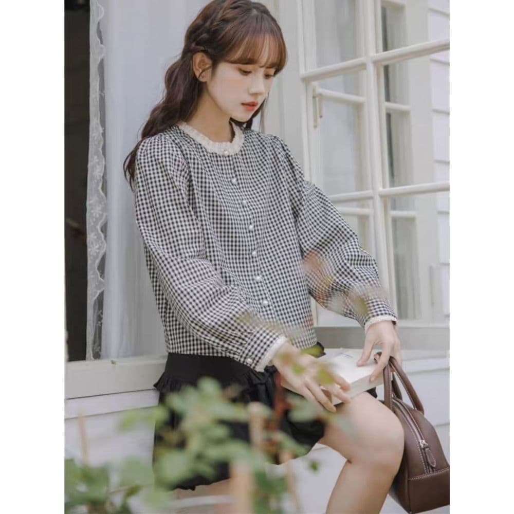 프랑스식 달콤함 레이스 스탠드 칼라 체크무늬 긴팔 셔츠 맨위 여성 가을 새로운 디자인 센스 레트로 셔츠 재킷 상세 이미지 9