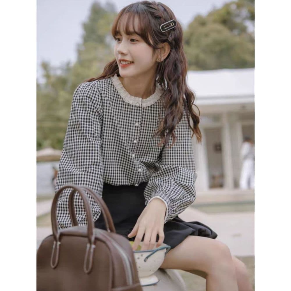 프랑스식 달콤함 레이스 스탠드 칼라 체크무늬 긴팔 셔츠 맨위 여성 가을 새로운 디자인 센스 레트로 셔츠 재킷 상세 이미지 10