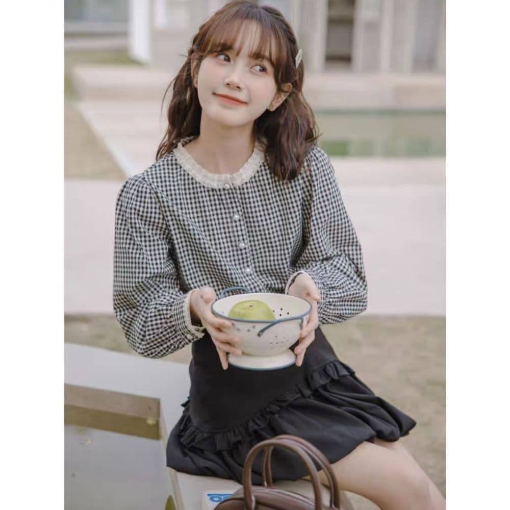 프랑스식 달콤함 레이스 스탠드 칼라 체크무늬 긴팔 셔츠 맨위 여성 가을 새로운 디자인 센스 레트로 셔츠 재킷 상세 이미지 11