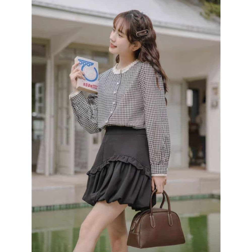 프랑스식 달콤함 레이스 스탠드 칼라 체크무늬 긴팔 셔츠 맨위 여성 가을 새로운 디자인 센스 레트로 셔츠 재킷 상세 이미지 12