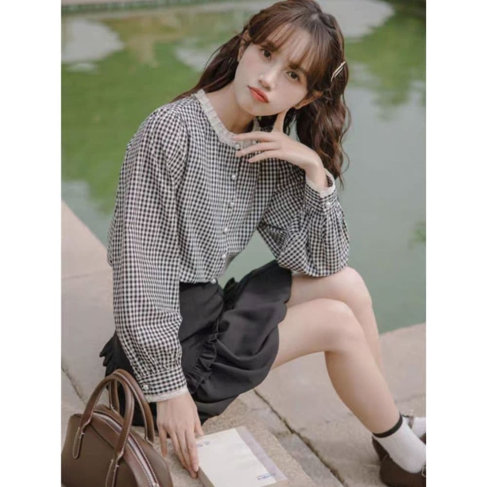 프랑스식 달콤함 레이스 스탠드 칼라 체크무늬 긴팔 셔츠 맨위 여성 가을 새로운 디자인 센스 레트로 셔츠 재킷 상세 이미지 13
