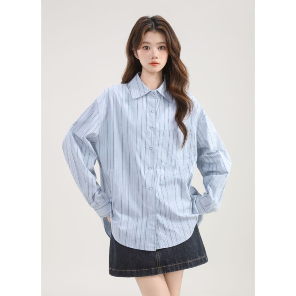 프랑스식 스트라이프 긴팔 여성 셔츠 이른 가을 2026 새로운 한국 스타일 루즈핏 캐주얼 POLO 칼라 셔츠 재킷 맨위