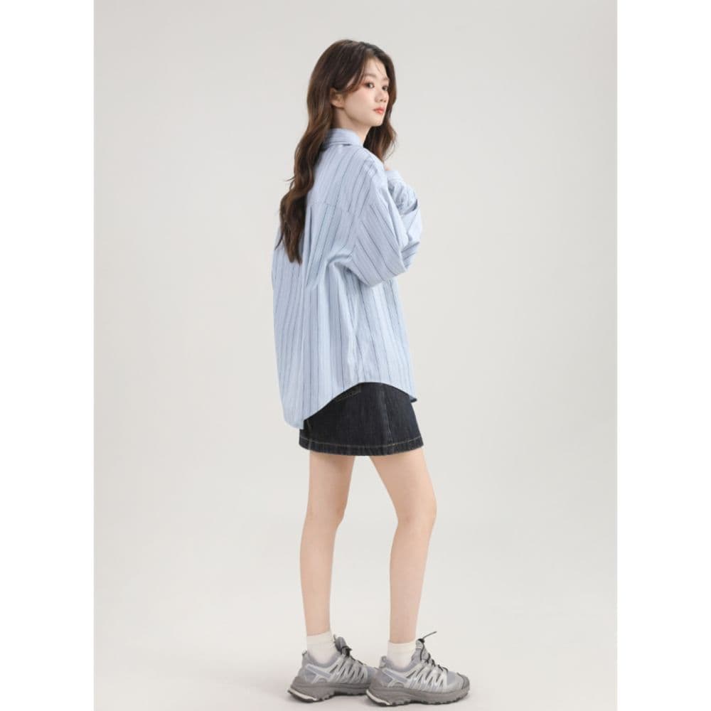 프랑스식 스트라이프 긴팔 여성 셔츠 이른 가을 2026 새로운 한국 스타일 루즈핏 캐주얼 POLO 칼라 셔츠 재킷 맨위 이미지 5