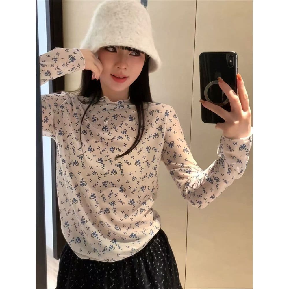 터틀넥 파란색 꽃무늬 긴팔 티셔츠 여성 가을 한 부서 달콤함 프릴 다용도 마이크로 ~을 통해 기본 셔츠 맨위 트렌디