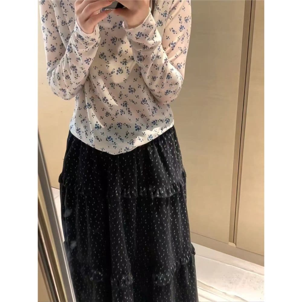 터틀넥 파란색 꽃무늬 긴팔 티셔츠 여성 가을 한 부서 달콤함 프릴 다용도 마이크로 ~을 통해 기본 셔츠 맨위 트렌디 이미지 4