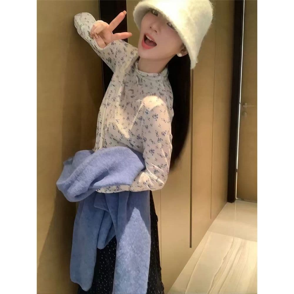 터틀넥 파란색 꽃무늬 긴팔 티셔츠 여성 가을 한 부서 달콤함 프릴 다용도 마이크로 ~을 통해 기본 셔츠 맨위 트렌디 상세 이미지 7