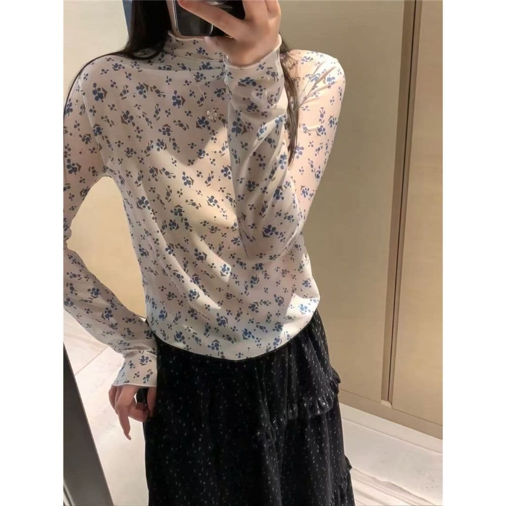 터틀넥 파란색 꽃무늬 긴팔 티셔츠 여성 가을 한 부서 달콤함 프릴 다용도 마이크로 ~을 통해 기본 셔츠 맨위 트렌디 상세 이미지 9