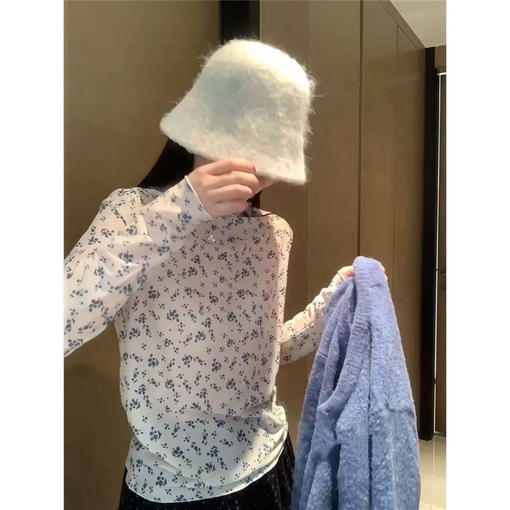 터틀넥 파란색 꽃무늬 긴팔 티셔츠 여성 가을 한 부서 달콤함 프릴 다용도 마이크로 ~을 통해 기본 셔츠 맨위 트렌디 상세 이미지 10