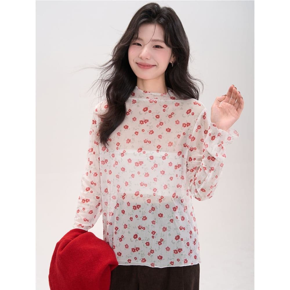 새로운 터틀넥 꽃무늬 긴팔 티셔츠 여성 가을 한 부서 달콤함 프릴 다용도 마이크로 ~을 통해 기본 셔츠 맨위 트렌디 이미지 3