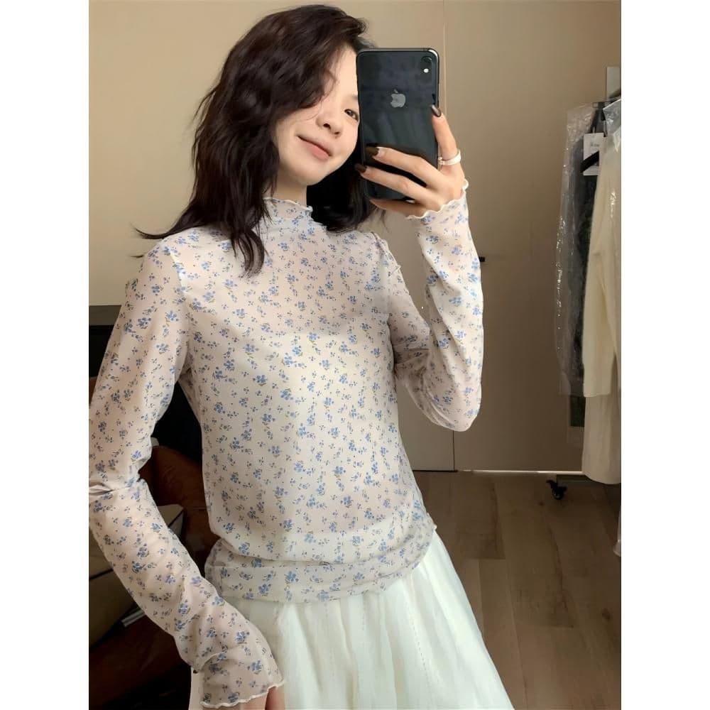 새로운 터틀넥 꽃무늬 긴팔 티셔츠 여성 가을 한 부서 달콤함 프릴 다용도 마이크로 ~을 통해 기본 셔츠 맨위 트렌디 이미지 5