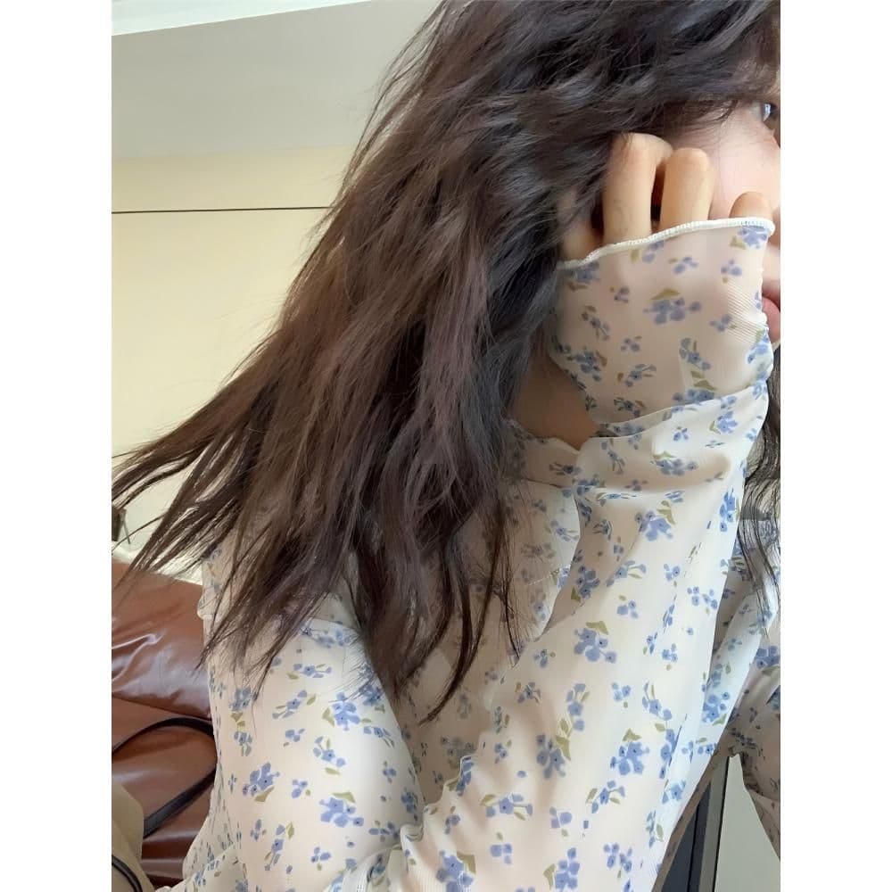 새로운 터틀넥 꽃무늬 긴팔 티셔츠 여성 가을 한 부서 달콤함 프릴 다용도 마이크로 ~을 통해 기본 셔츠 맨위 트렌디 이미지 2