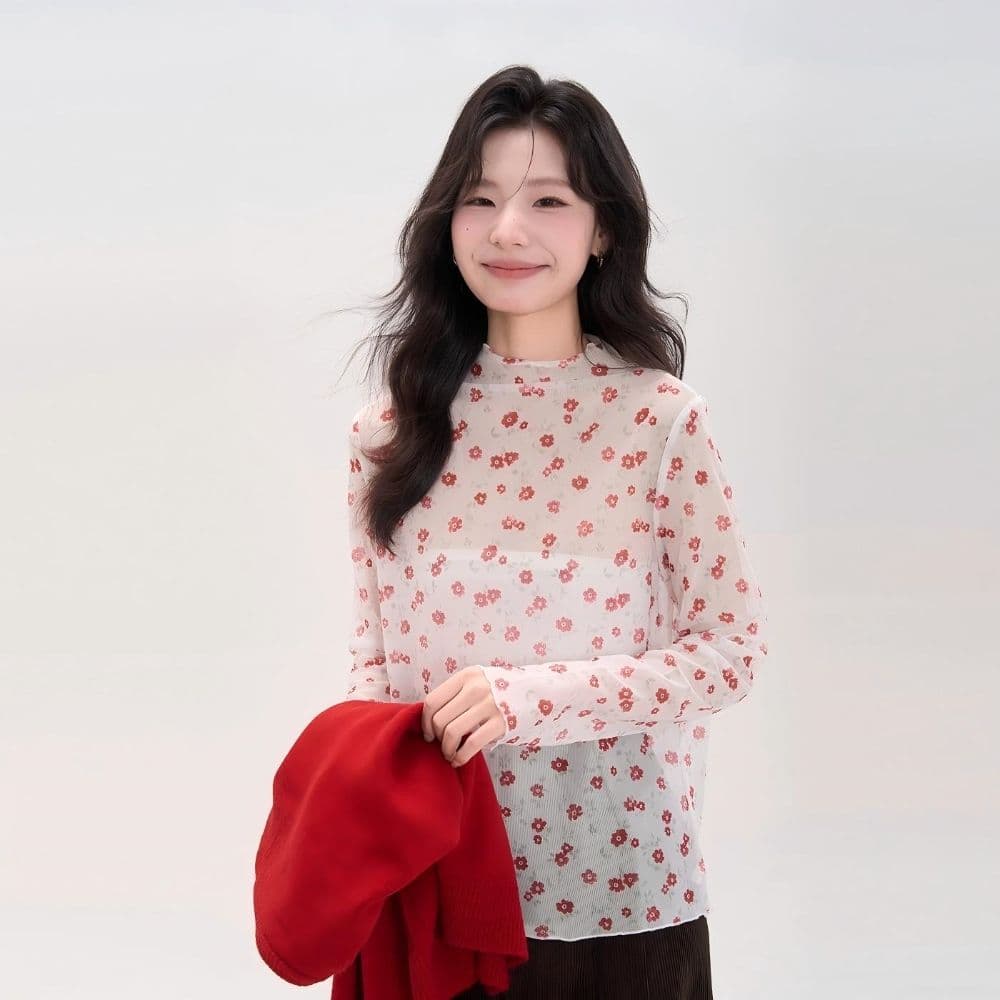 새로운 터틀넥 꽃무늬 긴팔 티셔츠 여성 가을 한 부서 달콤함 프릴 다용도 마이크로 ~을 통해 기본 셔츠 맨위 트렌디 상세 이미지 17