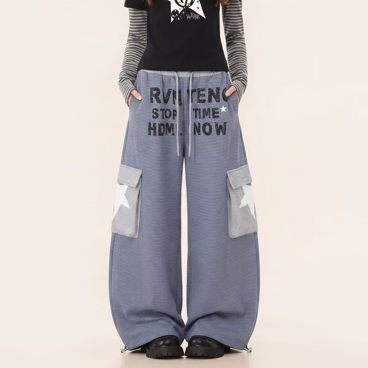 한국 chic 가을 새로운 아메리칸 스트라이프 운동 웨이 바지 여성 레트로 캐주얼 긴 바지 루즈핏 다용도 긴 바지 트렌디
