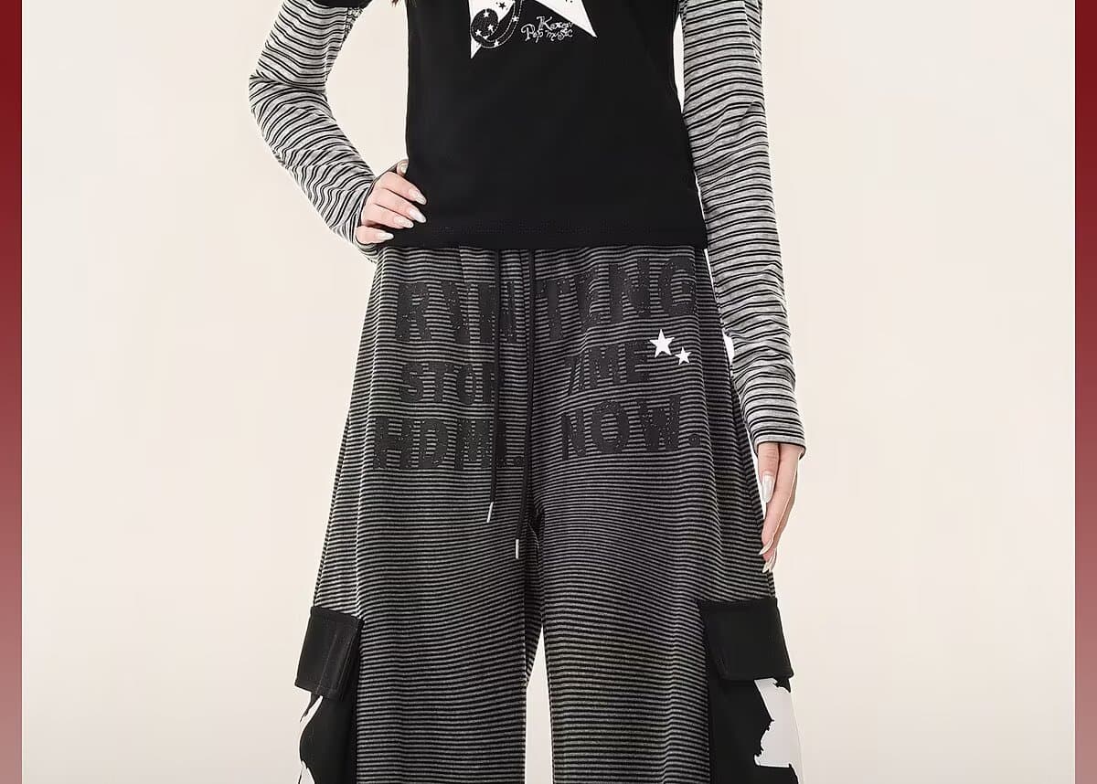 한국 chic 가을 새로운 아메리칸 스트라이프 운동 웨이 바지 여성 레트로 캐주얼 긴 바지 루즈핏 다용도 긴 바지 트렌디 상세 이미지 11