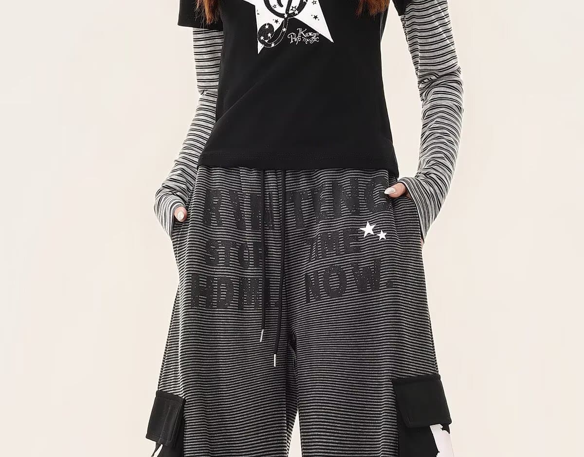 한국 chic 가을 새로운 아메리칸 스트라이프 운동 웨이 바지 여성 레트로 캐주얼 긴 바지 루즈핏 다용도 긴 바지 트렌디 상세 이미지 25