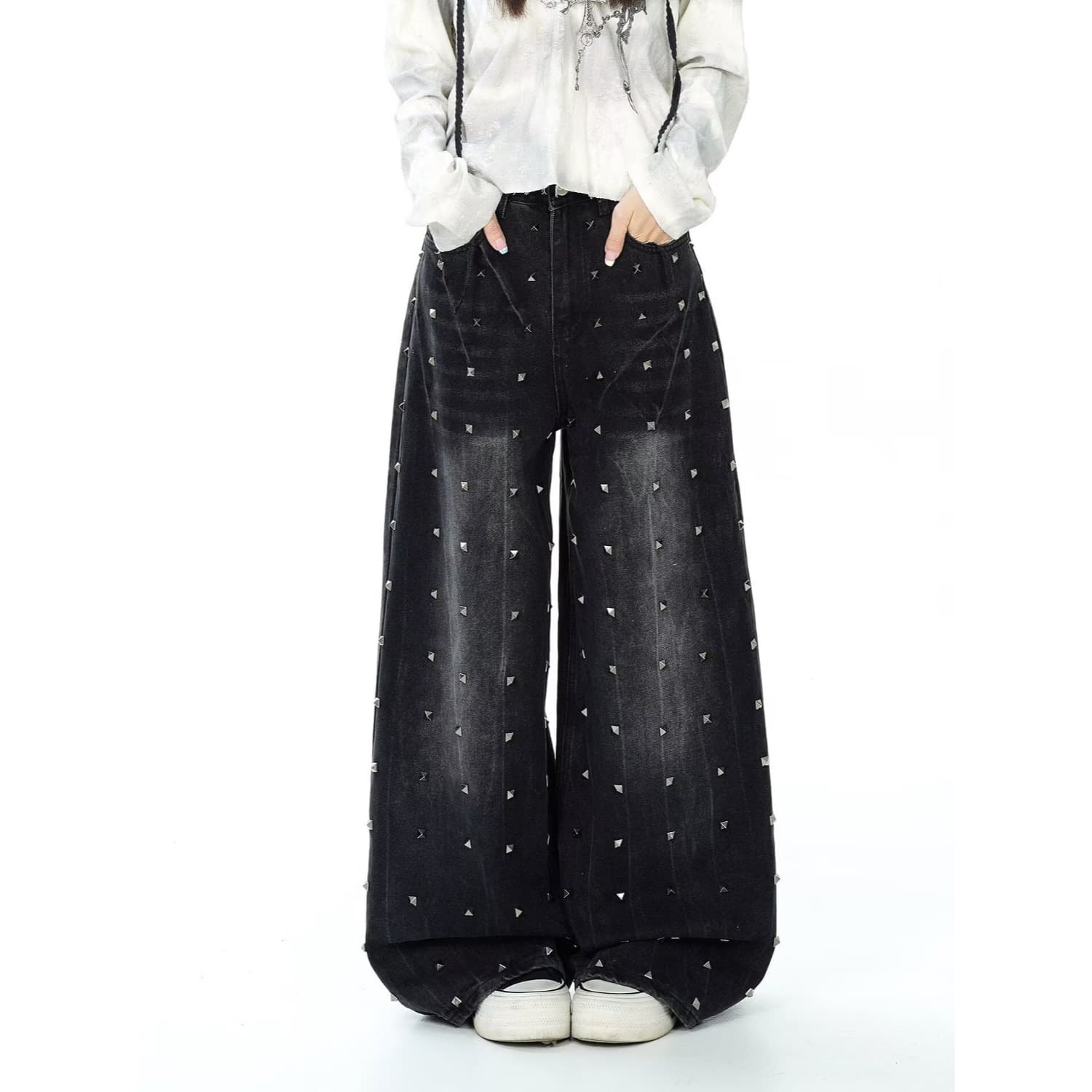 한국 chic 아메리칸 레트로 핫픽스 패치워크 청바지 아이들 핫걸 루즈핏 느긋한 느슨함 센스 바닥 청소 바지 트렌디 상세 이미지 22