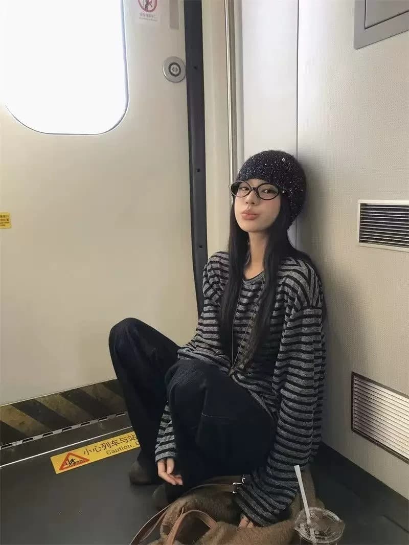 아메리칸 레트로 이른 가을 새로운 느긋한 느슨함 센스 배색 스트라이프 루즈핏 긴팔 티셔츠 여성 다용도 캐주얼 맨위 상세 이미지 7