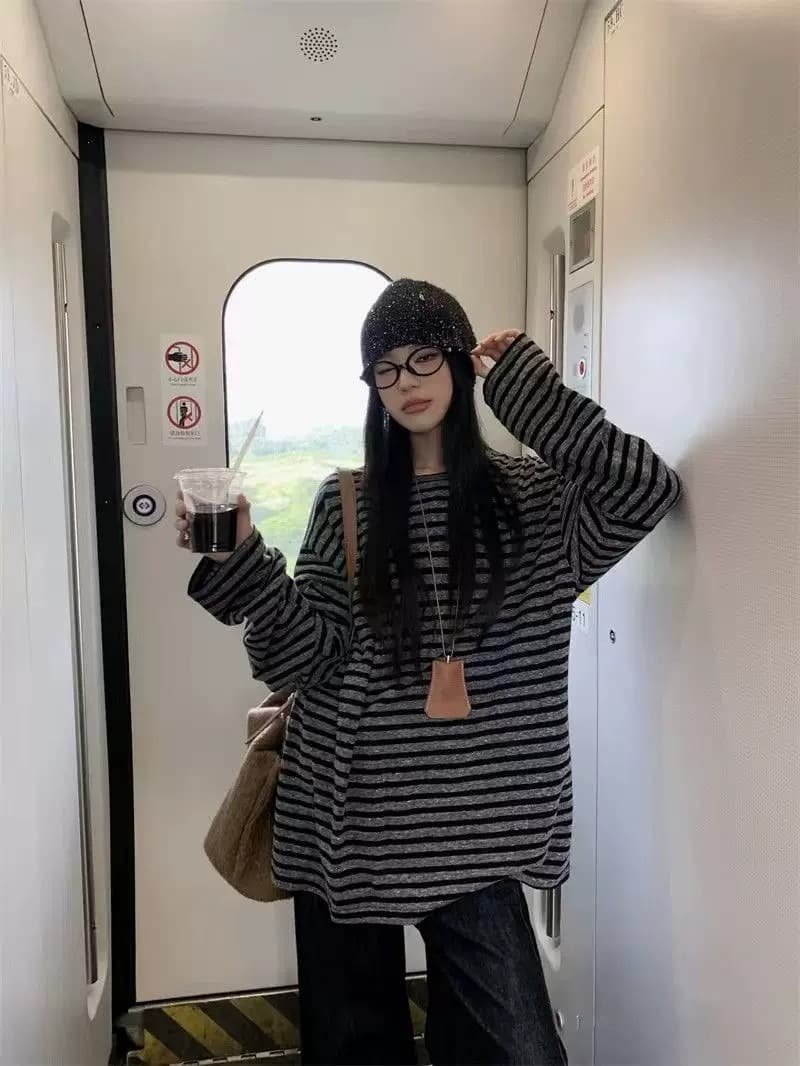 아메리칸 레트로 이른 가을 새로운 느긋한 느슨함 센스 배색 스트라이프 루즈핏 긴팔 티셔츠 여성 다용도 캐주얼 맨위 상세 이미지 9
