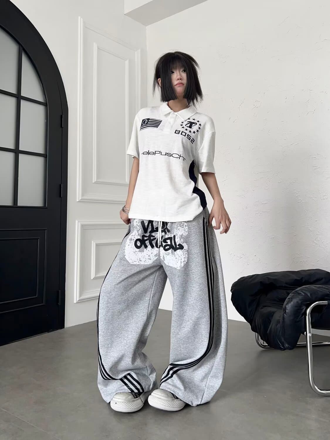 한국 chic 가을 새로운 아메리칸 레트로 캐주얼 바지 여성 재즈 댄스 루즈핏 운동 슬림해 보이는 넓은 다리 모통이 칼 바지 상세 이미지 43