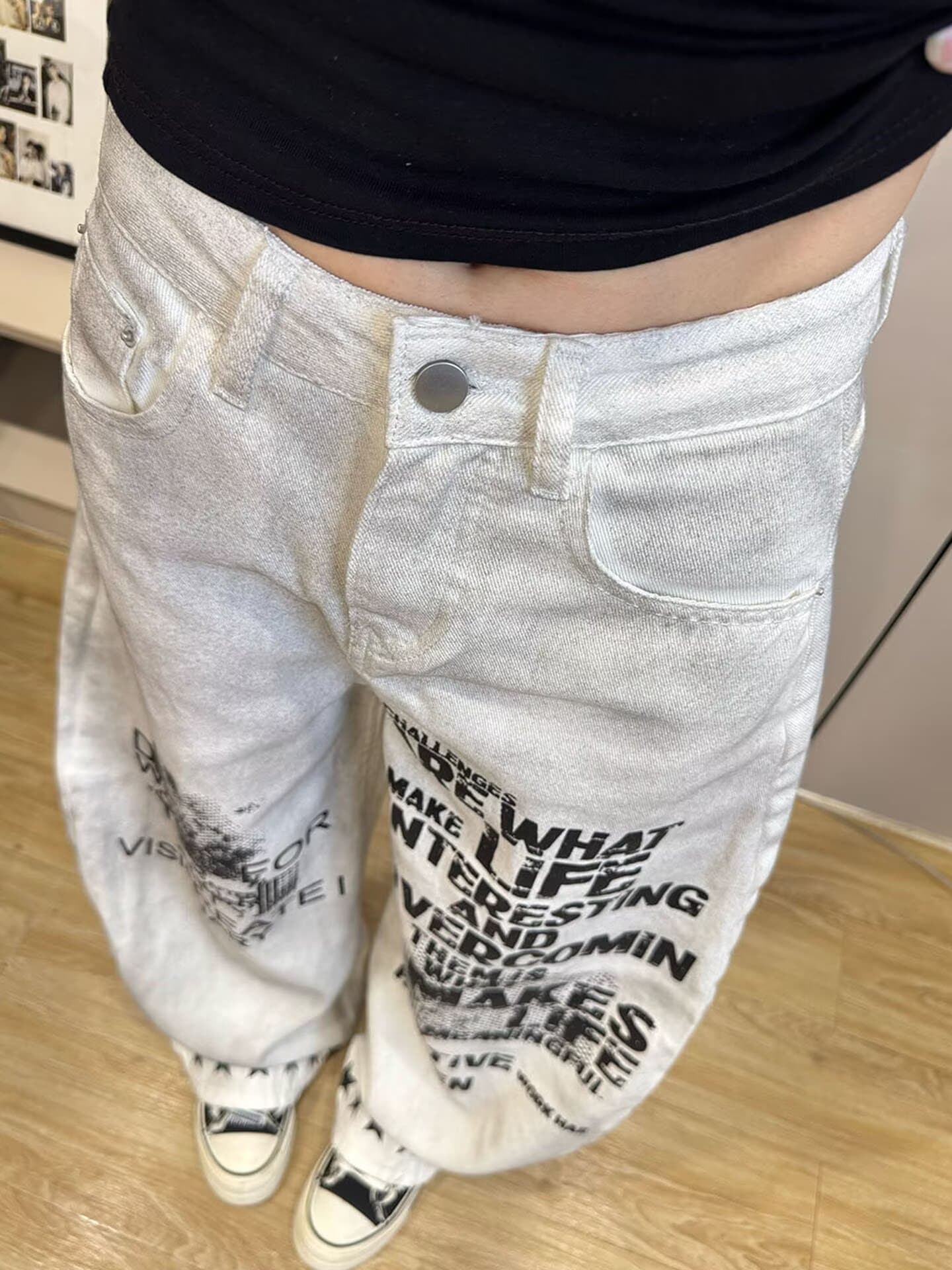 한국 chic 아메리칸 거리 낙서 알파벳 청바지 여성 높음 거리 항구 바람 마 오래된 스트레이트 루즈핏 와이드 레그 팬츠 어린이 상세 이미지 6