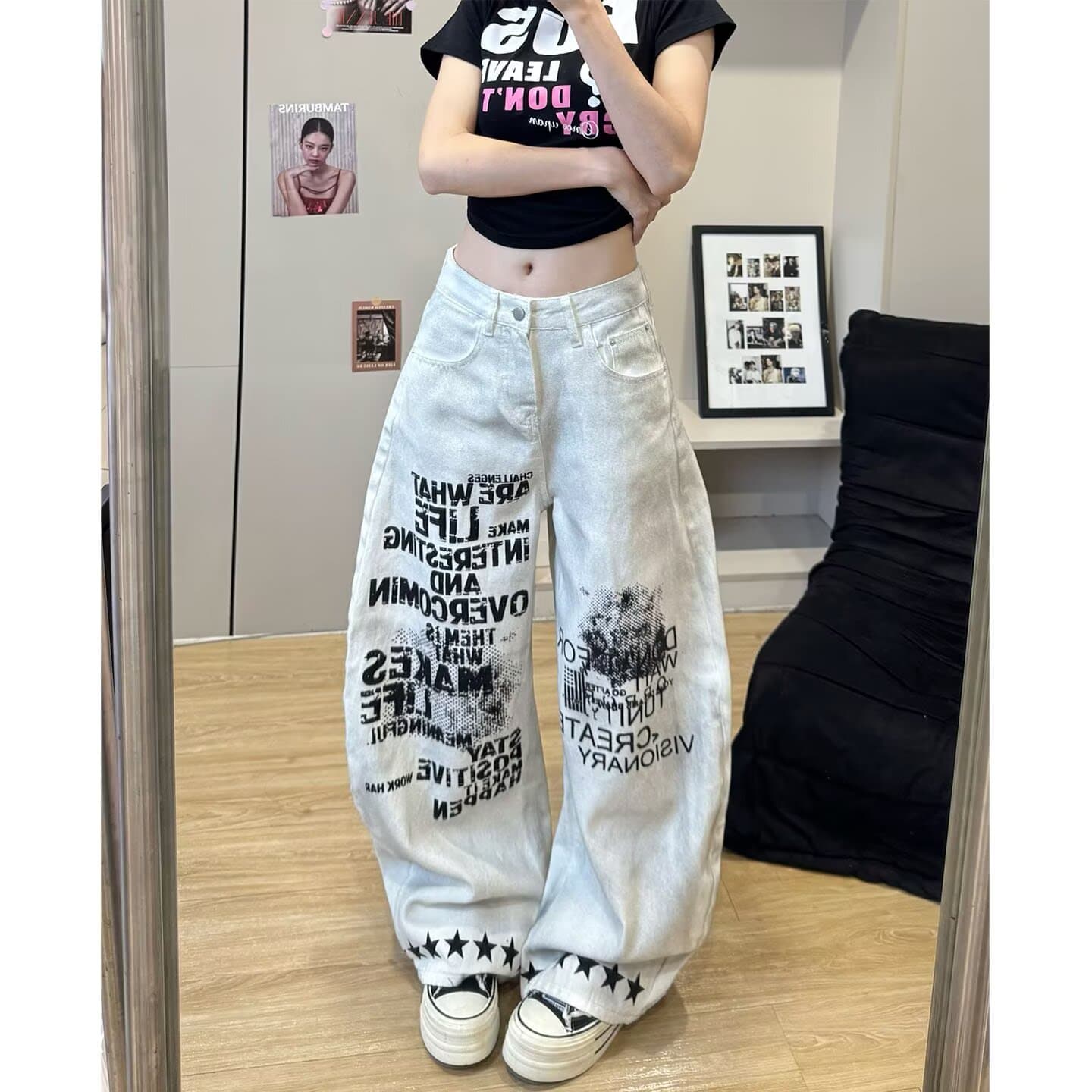 한국 chic 아메리칸 거리 낙서 알파벳 청바지 여성 높음 거리 항구 바람 마 오래된 스트레이트 루즈핏 와이드 레그 팬츠 어린이 상세 이미지 7