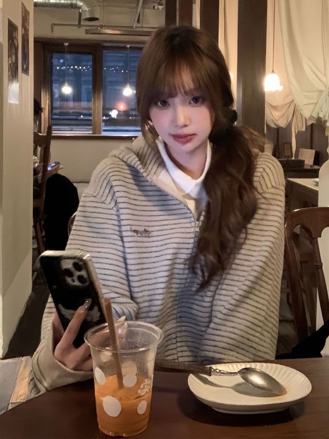 한국 chic 아메리칸 2026 가을 새로운 스트라이프 후드 티 스웨터 여성 한국 스타일 루즈핏 지퍼 카디건 코트 트렌디 상세 이미지 3