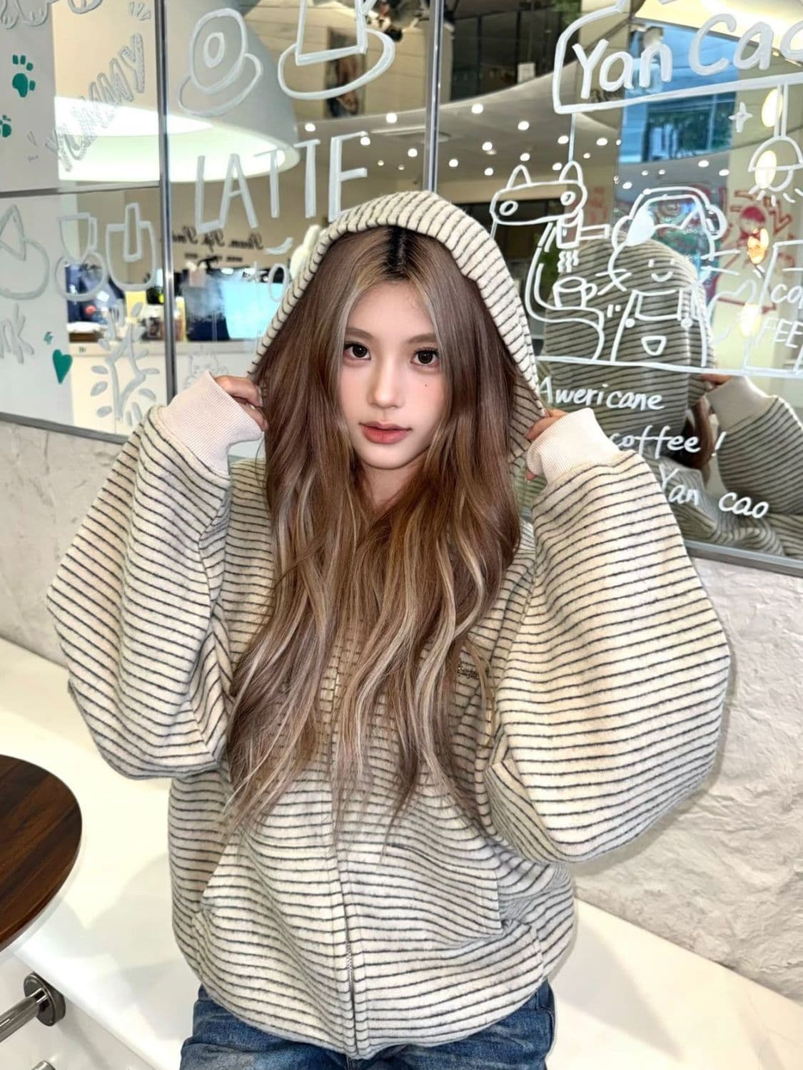 한국 chic 아메리칸 2026 가을 새로운 스트라이프 후드 티 스웨터 여성 한국 스타일 루즈핏 지퍼 카디건 코트 트렌디 상세 이미지 6