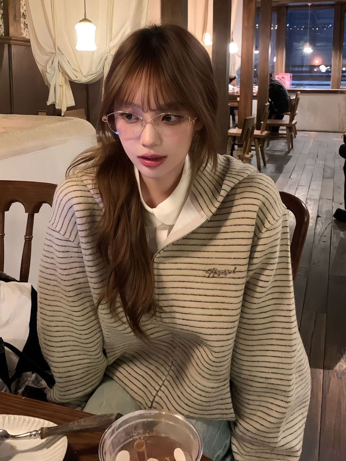 한국 chic 아메리칸 2026 가을 새로운 스트라이프 후드 티 스웨터 여성 한국 스타일 루즈핏 지퍼 카디건 코트 트렌디 상세 이미지 11