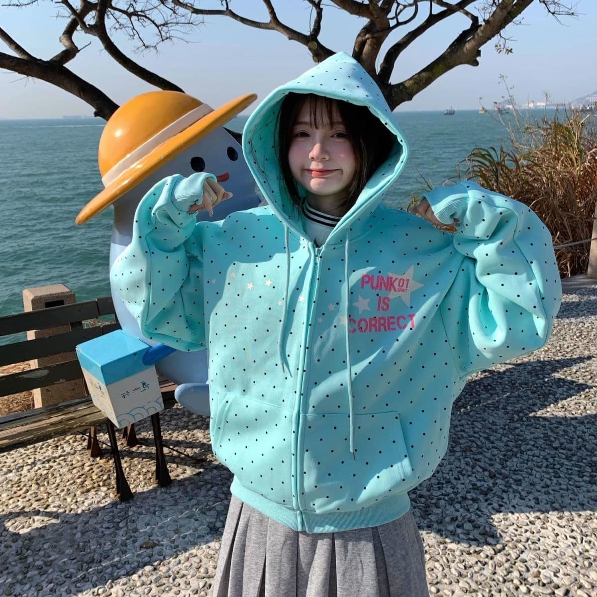 한국 chic 아메리칸 2026 가을 새로운 도트 무늬 후드 티 스웨터 여성 한국 스타일 루즈핏 지퍼 카디건 코트 트렌디