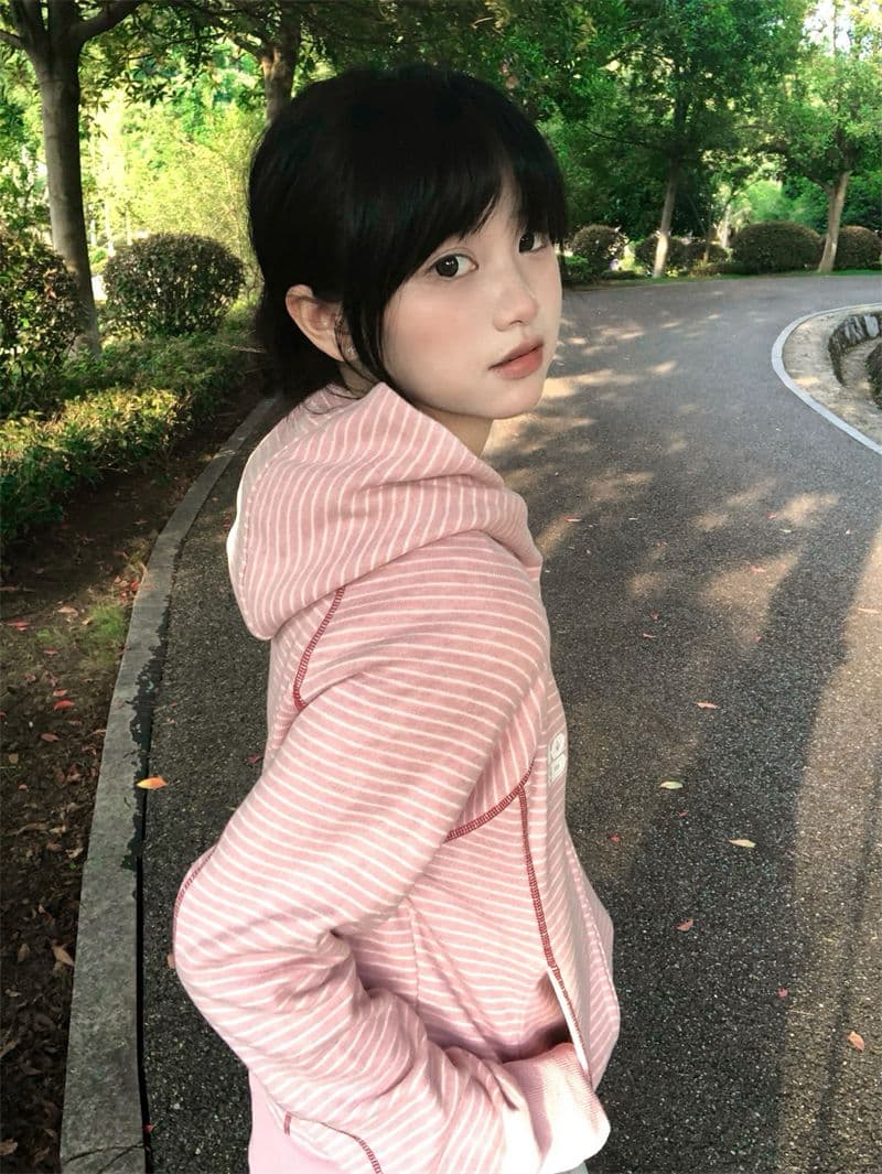 한국 chic 아메리칸 2026 가을 새로운 스트라이프 후드 티 스웨터 여성 한국 스타일 루즈핏 지퍼 카디건 코트 트렌디 상세 이미지 16
