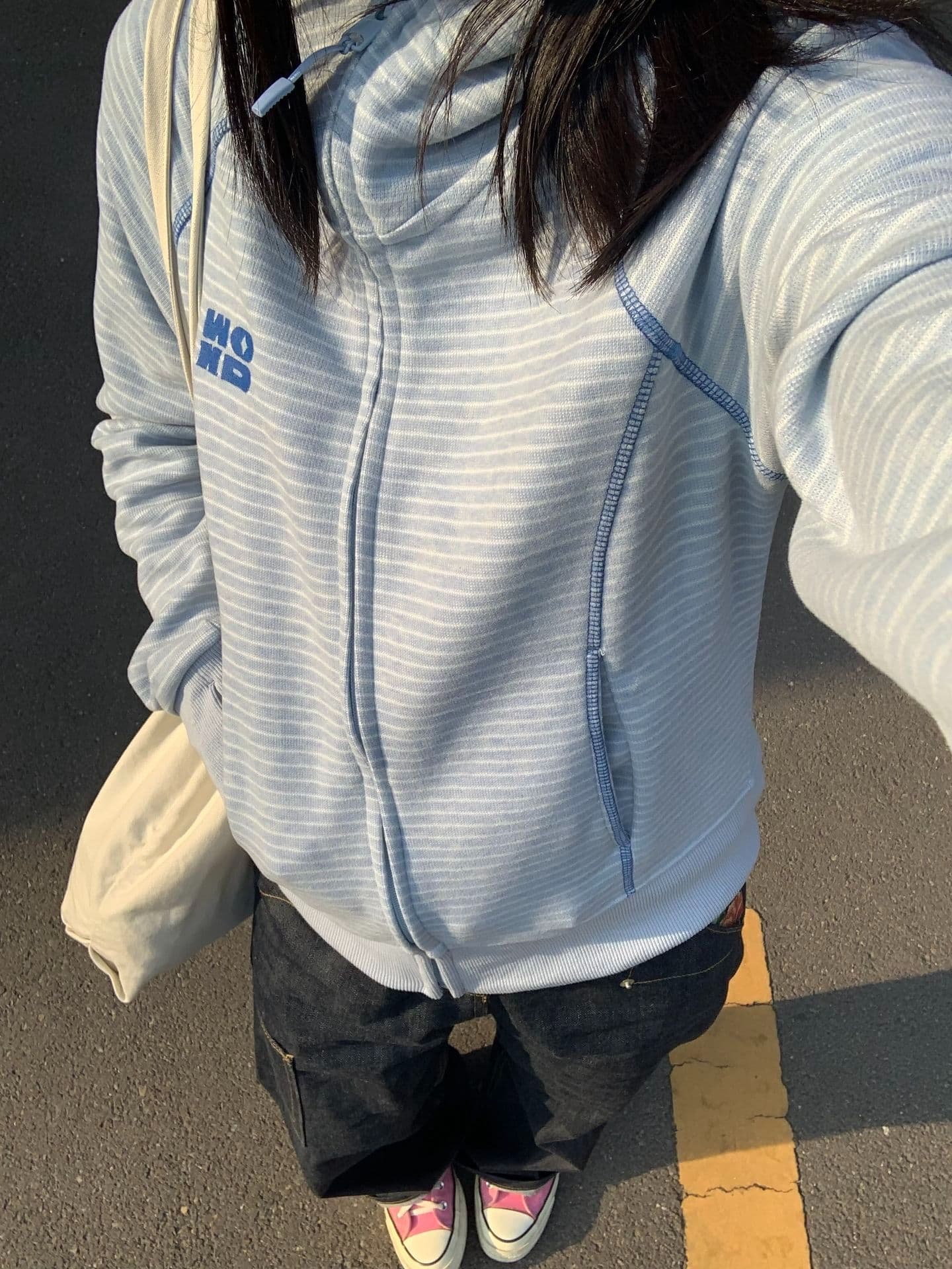 한국 chic 아메리칸 2026 가을 새로운 스트라이프 후드 티 스웨터 여성 한국 스타일 루즈핏 지퍼 카디건 코트 트렌디 상세 이미지 19