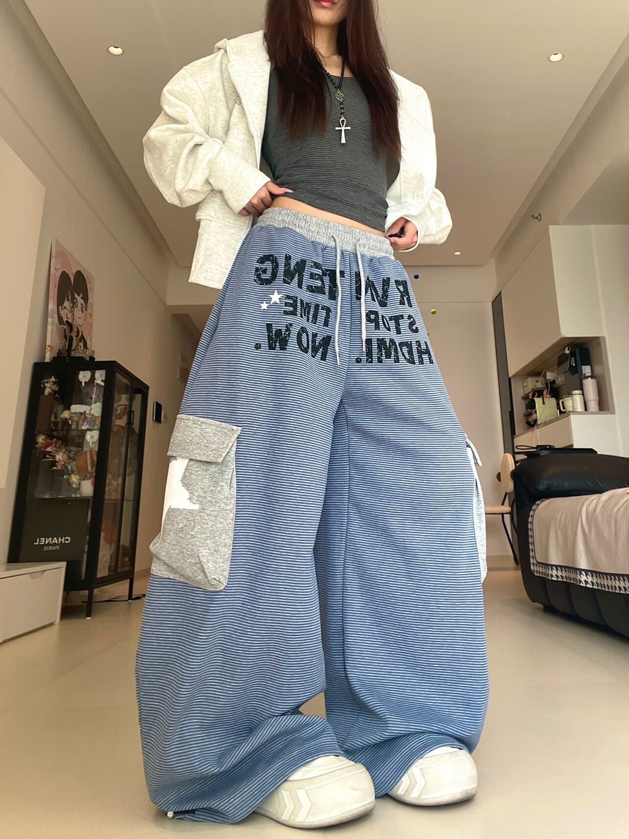아메리칸 스트라이프 디자인 센스 아메리칸 캐주얼 웨이 바지 여성 넓은 다리 루즈핏 운동 바지 재즈 jazz 춤추기 바지 상세 이미지 22