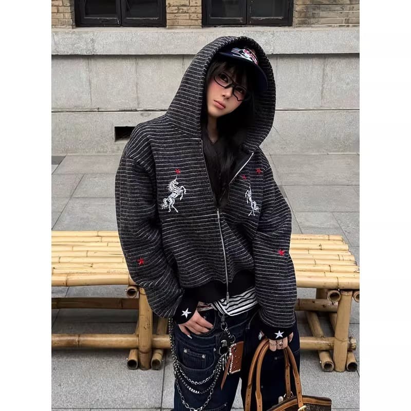 가을 새로운 한국 스타일 아메리칸 레트로 자수 지퍼 후드 티 스웨터 남녀 오픈 가디건 스트라이프 캐주얼 재킷 트렌디 상세 이미지 9