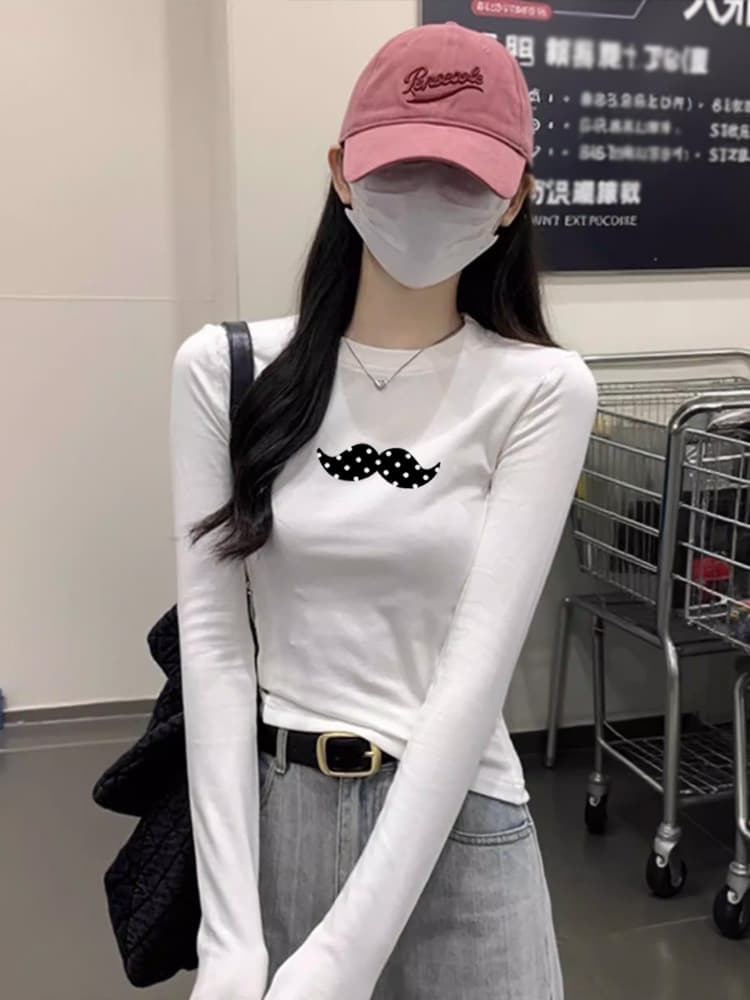 아메리칸 레트로 긍정적 인 어깨 긴팔 티셔츠 여성 의류 봄 가을 새로운 만화 수염 프린트 재미있는 다용도 몸매 가꾸기 맨위 상세 이미지 9