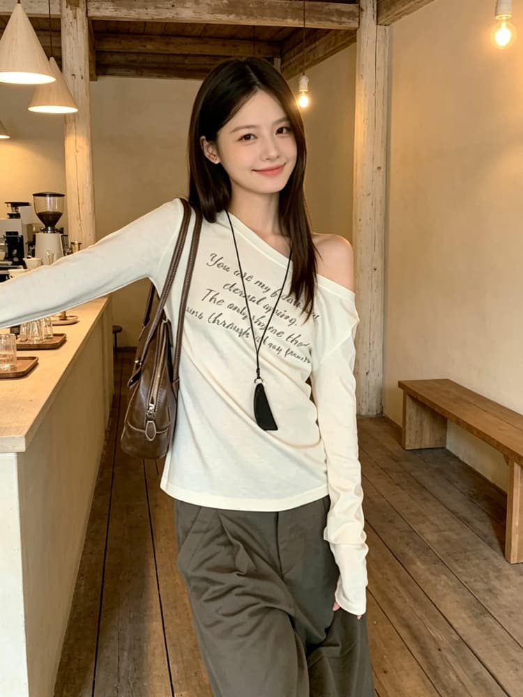 아메리칸 레트로 오프숄더 오프숄더 긴팔 티셔츠 여성 의류 조수 브랜드 알파벳 디자인 센스 캐주얼 루즈핏 비스듬한 칼라 맨위 이미지 2