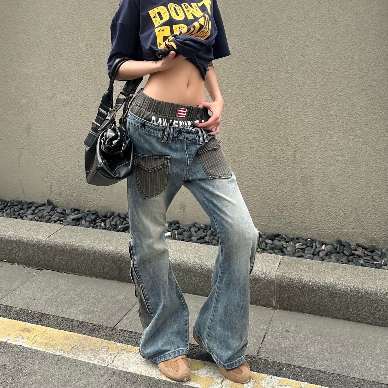 아메리칸 더블 허리 베벨 패치워크 스트라이프 프린트 부츠컷 청바지 여성 baggy 거리 좁은 에디션 몸매 가꾸기 롱 바지 상세 이미지 9