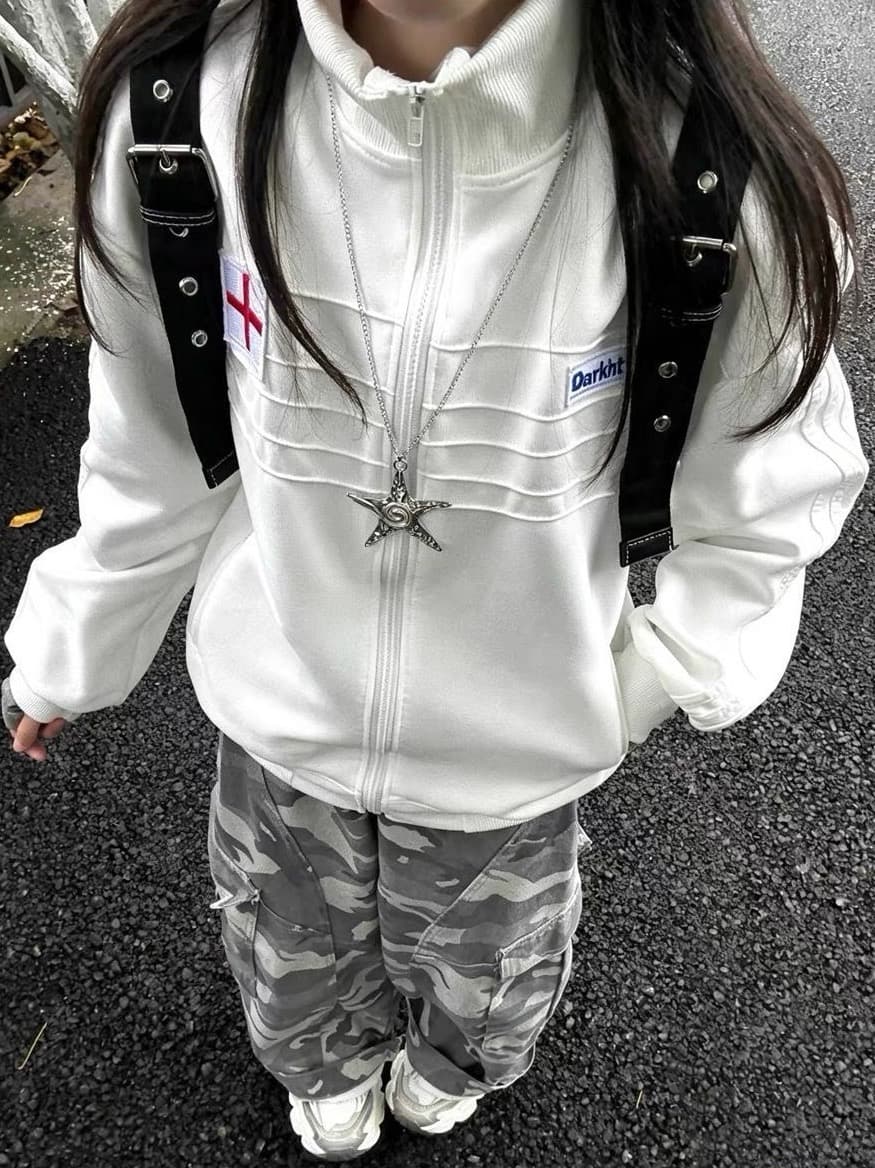한국 chic 아메리칸 레트로 가을 겨울 새로운 뒤로 수건 자수 지퍼 스탠드 칼라 후드티 남녀 몸매 가꾸기 재킷 트렌디 이미지 2
