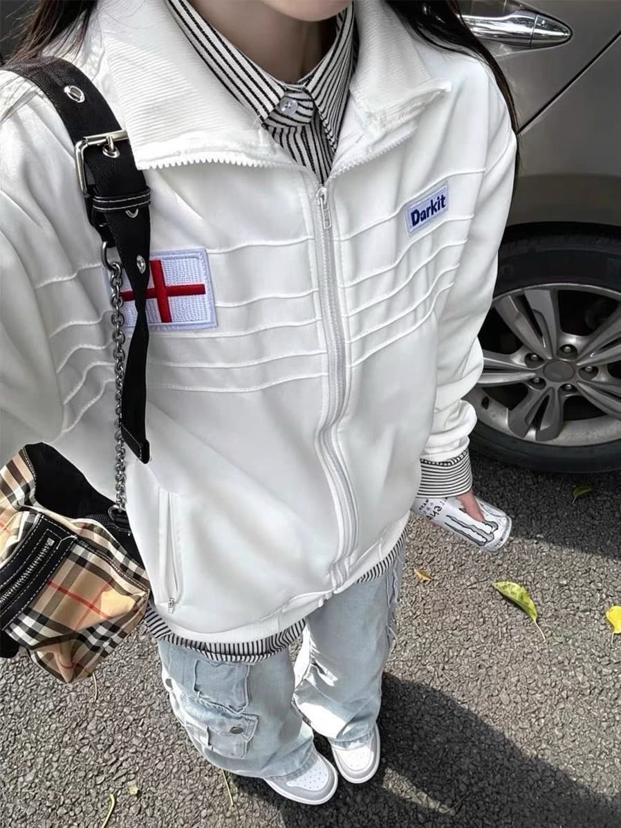 한국 chic 아메리칸 레트로 가을 겨울 새로운 뒤로 수건 자수 지퍼 스탠드 칼라 후드티 남녀 몸매 가꾸기 재킷 트렌디 상세 이미지 5