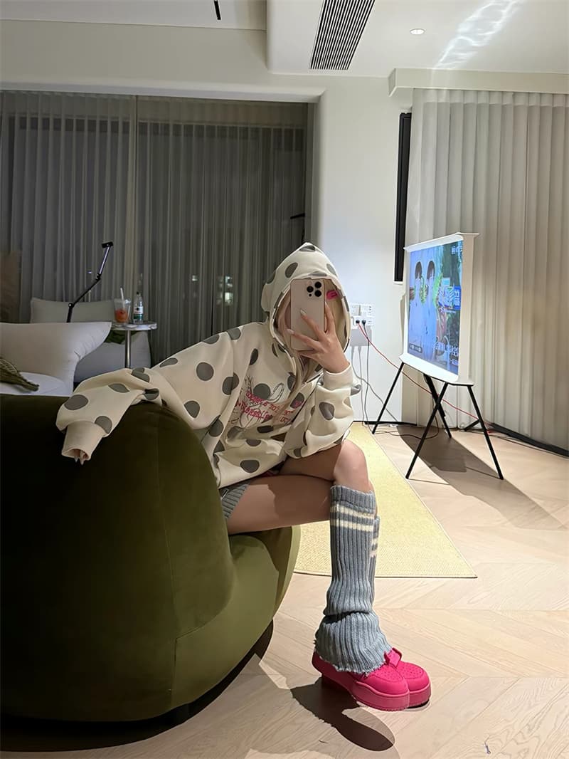 한국 chic 아메리칸 레트로 가을 겨울 새로운 도트 무늬 프린트 후드 티 스웨터 여성 루즈핏 거리 바람 지퍼 재킷 상세 이미지 7