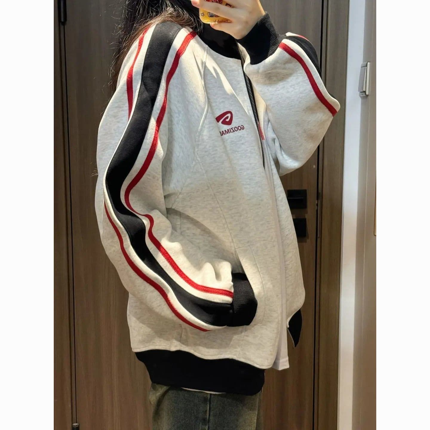 한국 chic 아메리칸 레트로 가을 겨울 새로운 알파벳 패치워크 색상 후드 티 스웨터 여성 루즈핏 거리 바람 지퍼 재킷 이미지 2